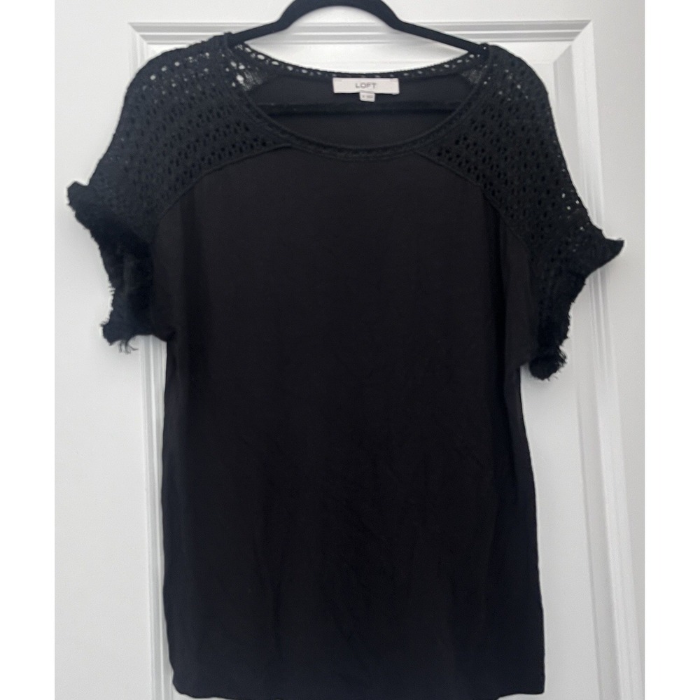 LOFT Black Crochet Trim Fringe Sleeve Top Women M Casual Boho Blouse - Picture 2 of 3